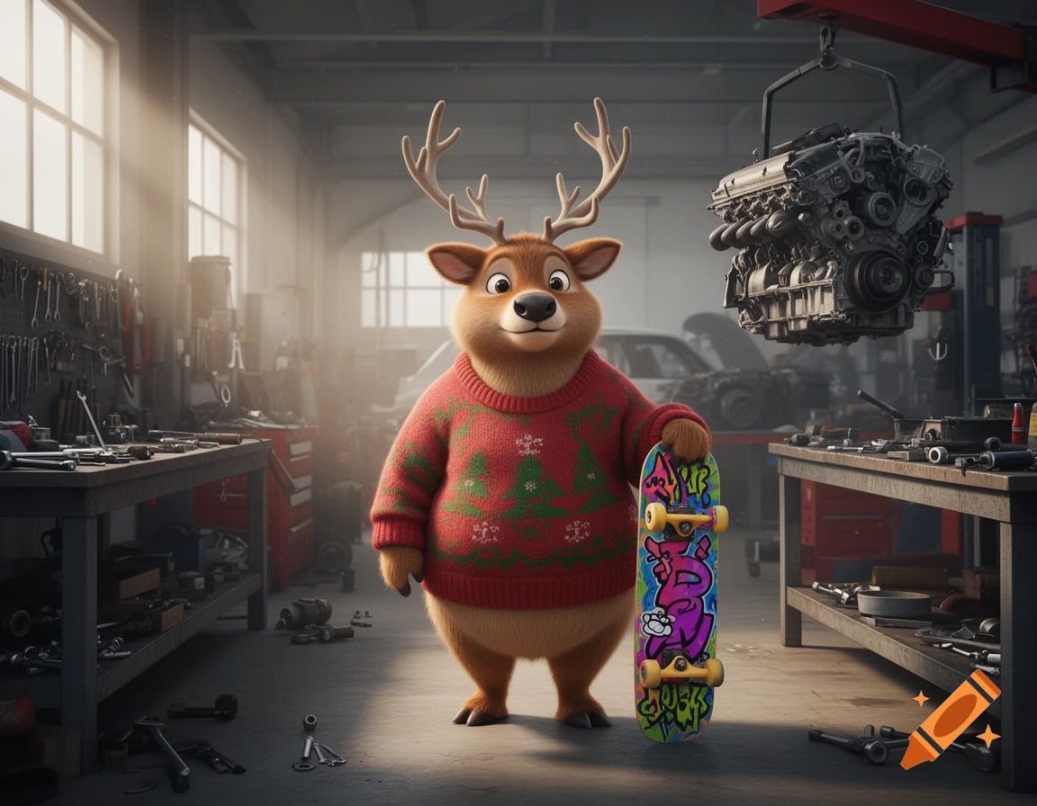 A cartoon reindeer in a Christmas sweater holds a skateboard in a mechanic's garage with tools.
