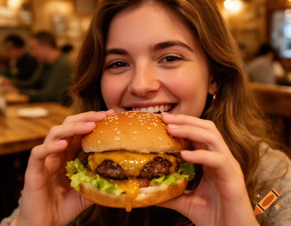 A young woman happily eating a juicy cheeseburger in a cozy restaurant, captured in a close-up, photorealistic shot.
