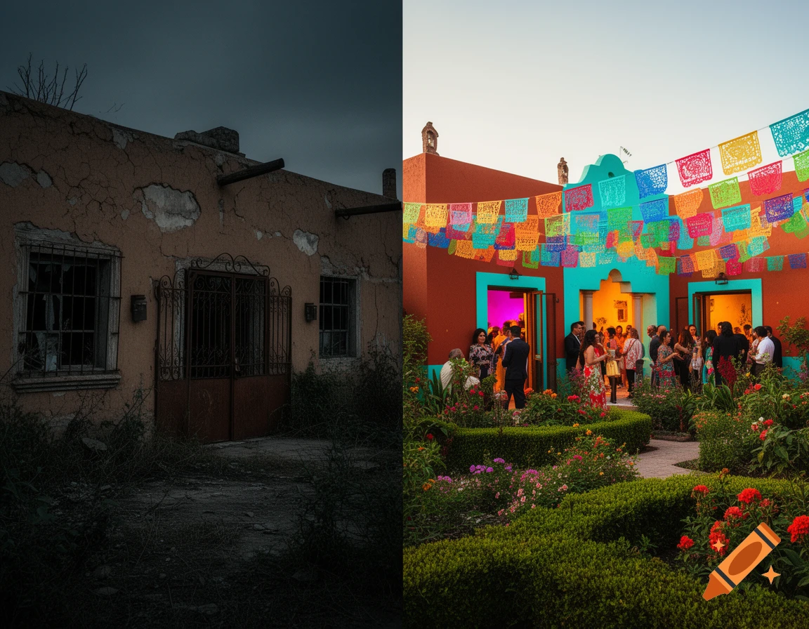 Split image: a dark, abandoned Mexican house and a vibrant, festive outdoor party at a colorful Mexican hacienda.