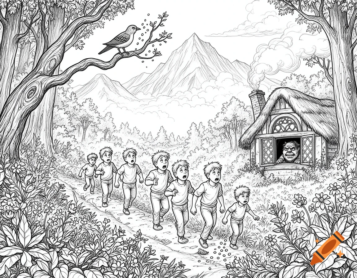 Black and white illustration of six boys running in a forest with an ogre looking out from a cottage window, a bird on a tree eating breadcrumbs.