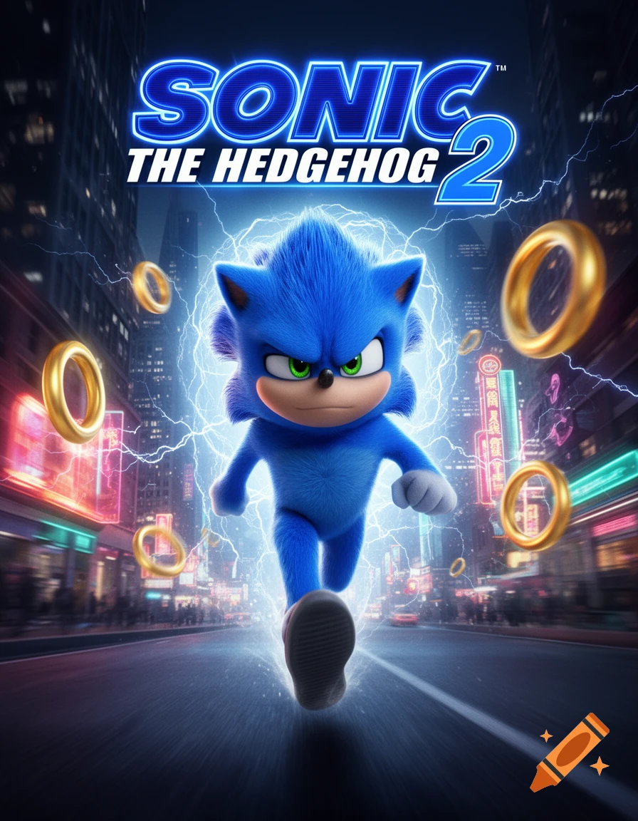 Sonic the Hedgehog running on a city street at night, surrounded by lightning and golden rings, with the movie title 'SONIC THE HEDGEHOG 2' above.