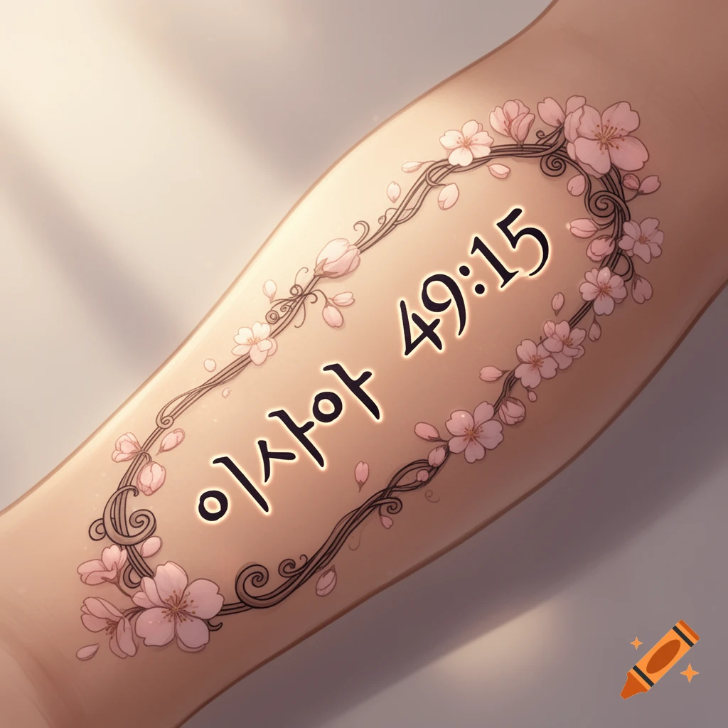 An artistic tattoo on an arm featuring the Korean phrase '이사야 49:15' (Isaya 49:15) surrounded by pink cherry blossoms.