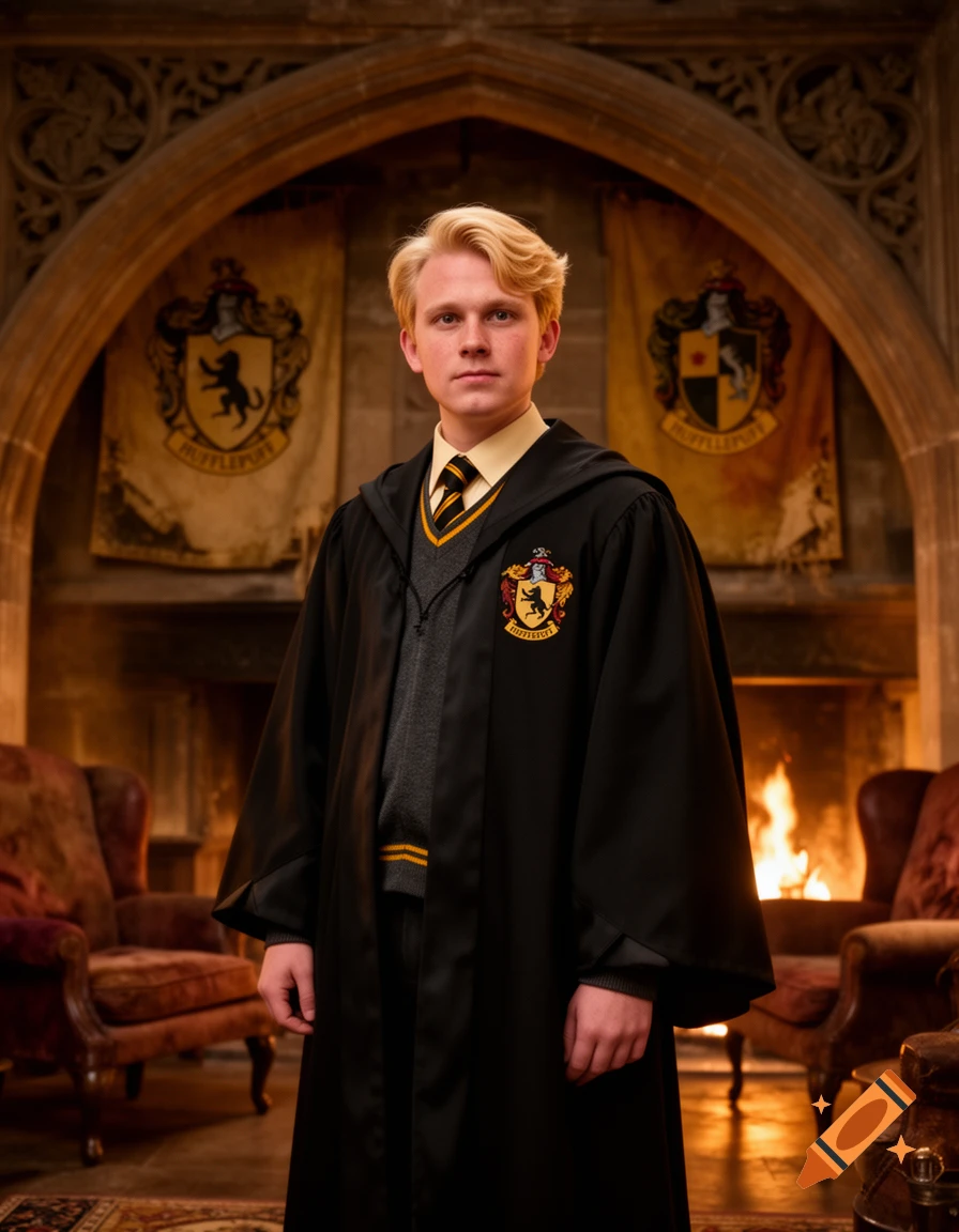 A young blonde man in a black Hufflepuff wizard robe stands in a stone common room with banners and a fireplace.