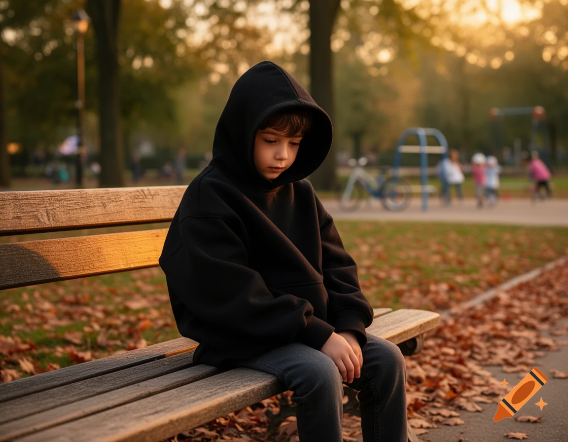 A young boy in a black hoodie sits alone on a park bench surrounded by autumn leaves at sunset in a photorealistic style.