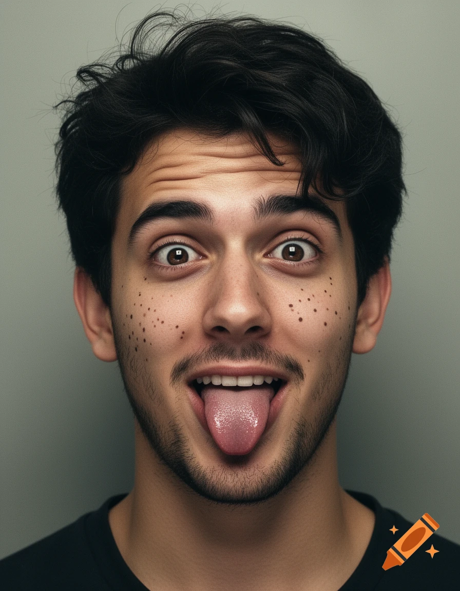 Photorealistic portrait of a young man with freckles and dark hair, eyes wide open, sticking his tongue out at the camera.
