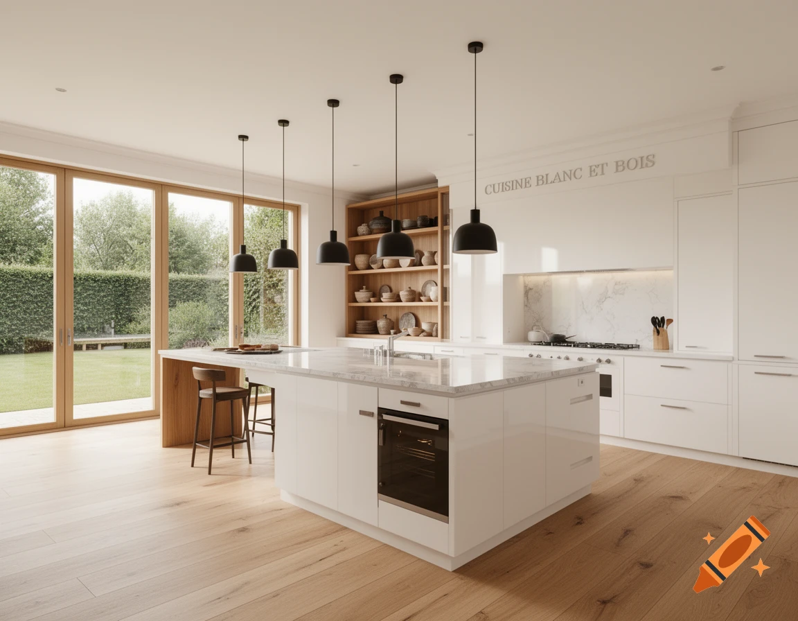 Bright, modern kitchen with a large white marble island, light wooden floors, white cabinetry, and a view of a green garden.