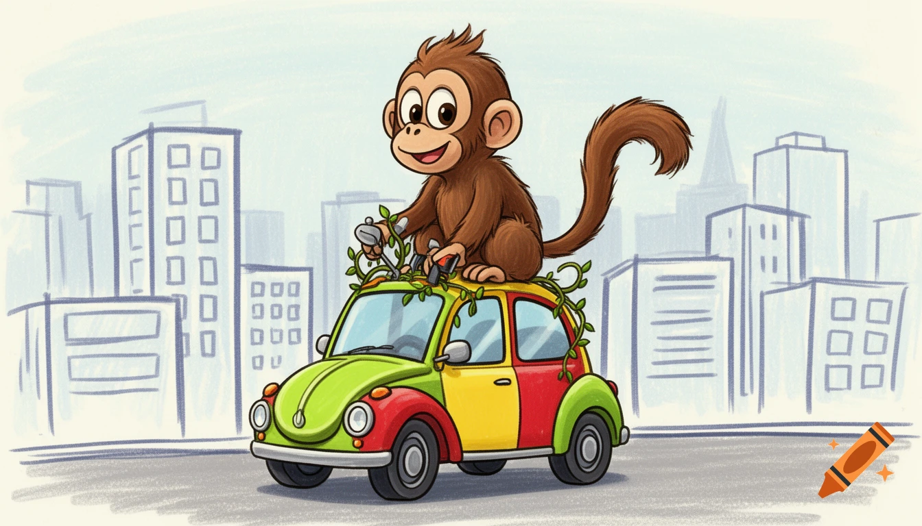 A cheerful cartoon monkey sits on a multi-colored car covered in vines, set against a sketched city background.