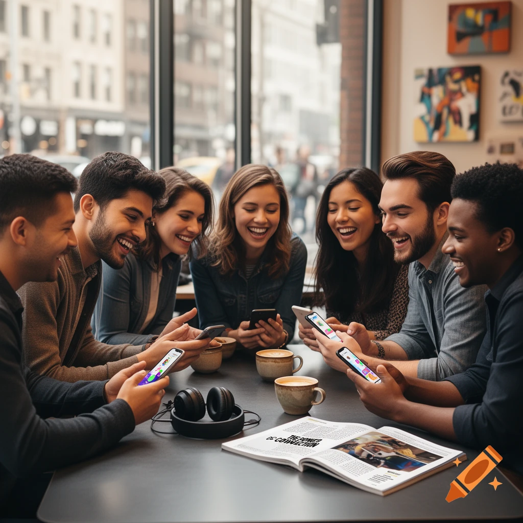A diverse group of young adults laughing while looking at their phones around a table in a cafe, with headphones and a magazine nearby.