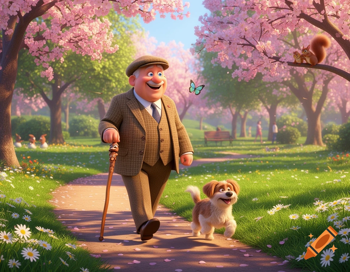 An elderly cartoon man with a walking stick and his happy dog walk through a beautiful park with pink cherry blossom trees in spring.