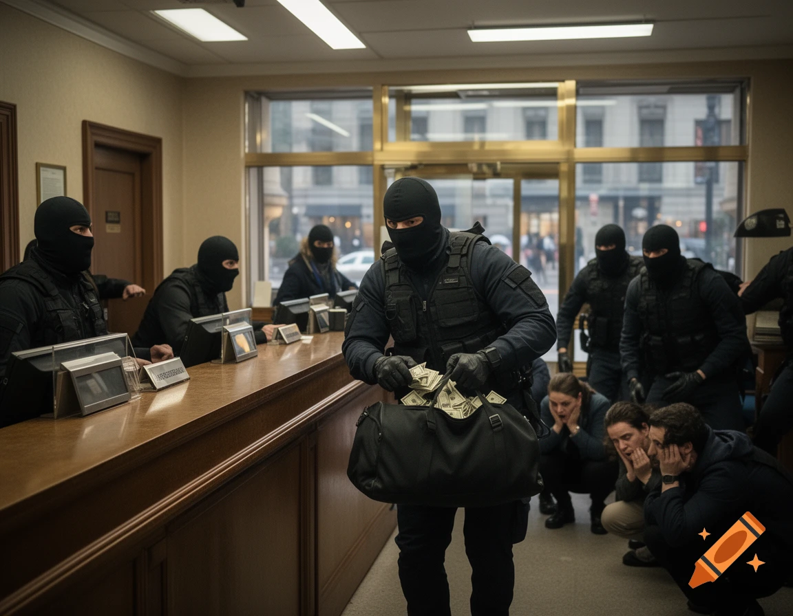 A group of masked individuals robbing a bank, with one person stuffing money into a bag while others guard and people crouch on the floor.
