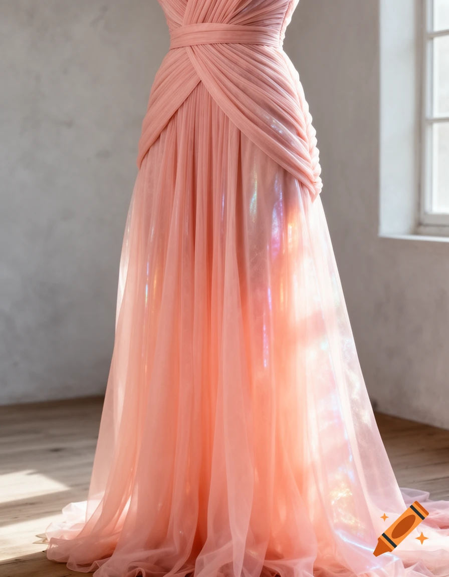 A flowing, draped rose quartz-colored gown with iridescent highlights against a light wall and wooden floor.