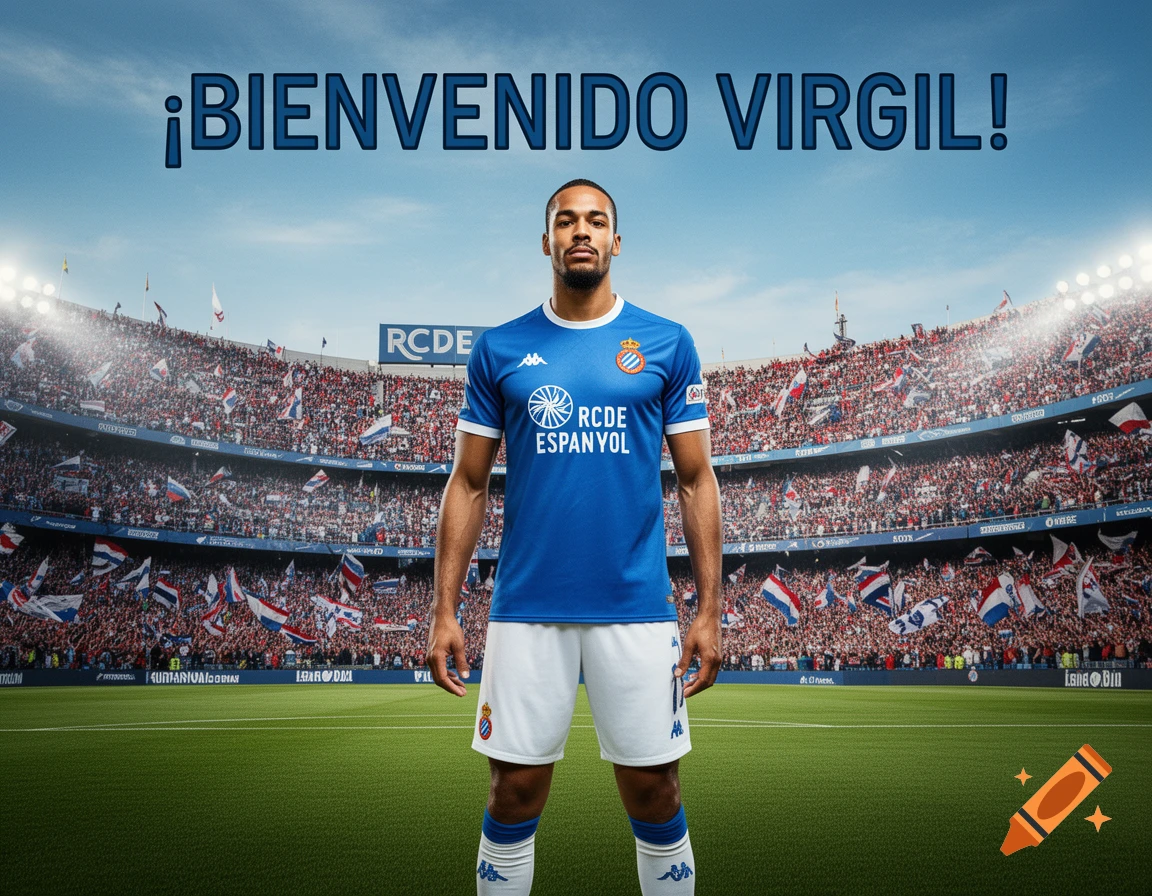 A soccer player in a blue and white uniform stands on a green field in a large stadium, with text "¡BIENVENIDO VIRGIL!" overhead.