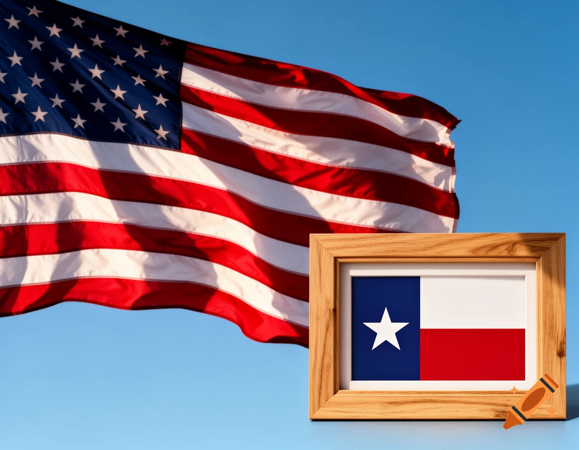 American flag waving against a blue sky, with a framed Texas state flag in the foreground.