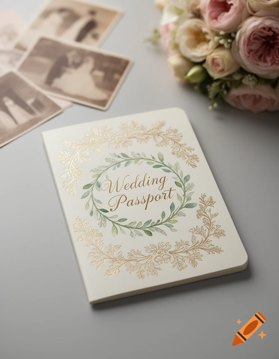 Cream-colored 'Wedding Passport' card with gold and green foliage, surrounded by old photos and a rose bouquet.