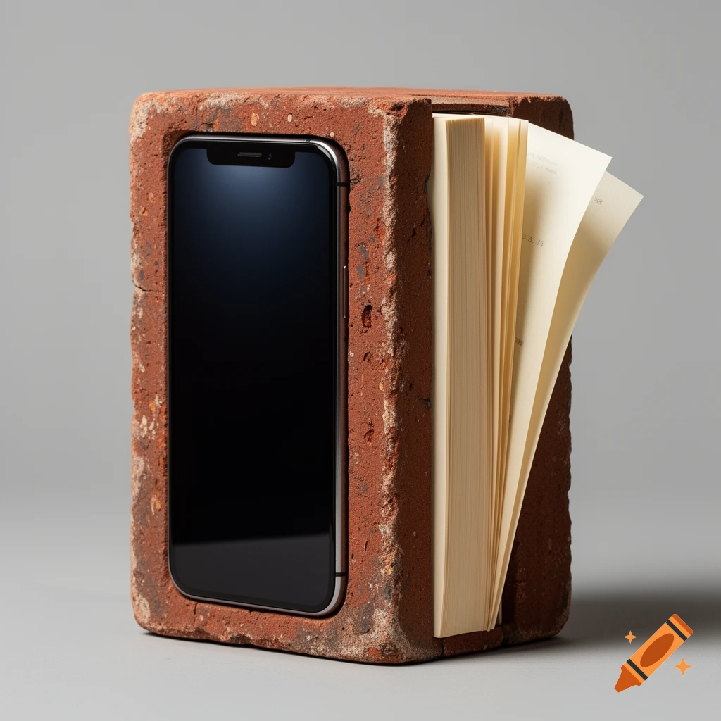 A still life of a red brick with a black smartphone screen on one side and a book with fanned pages on the other, on a gray background.