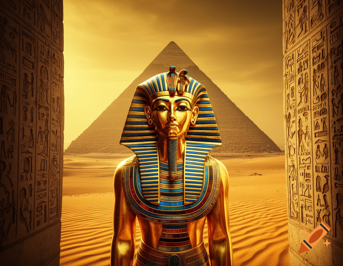A golden statue of Tutankhamun wearing a detailed mask stands in a desert with pyramids and hieroglyph-covered pillars under warm sunlight.