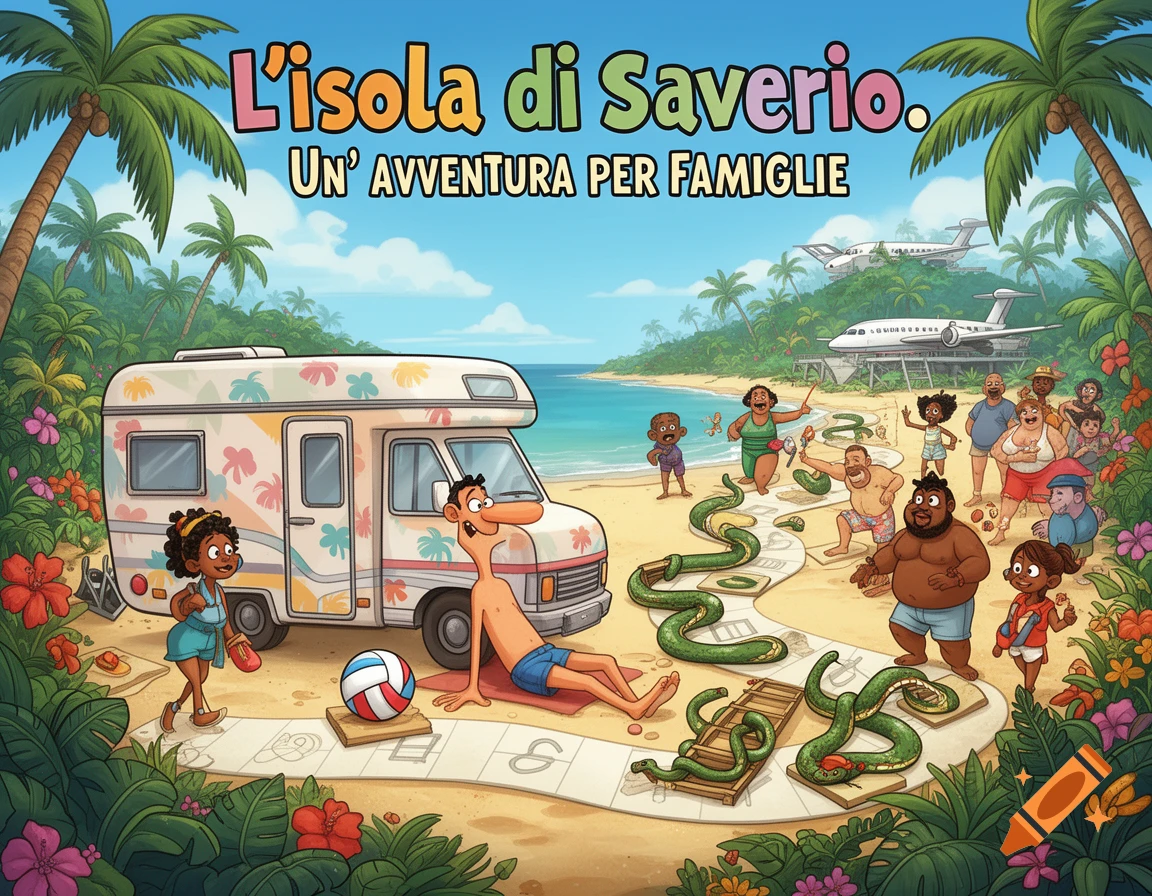 A colorful cartoon illustration of a tropical island beach with diverse people, a camper van, a volleyball, and large green snakes forming a board game path.