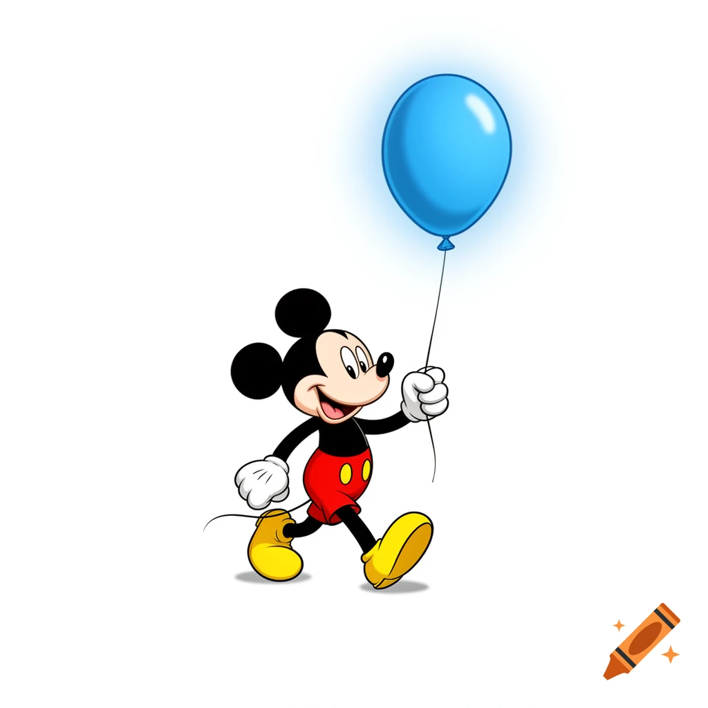 Mickey Mouse walks across a white background, holding a single bright blue balloon in his right hand.