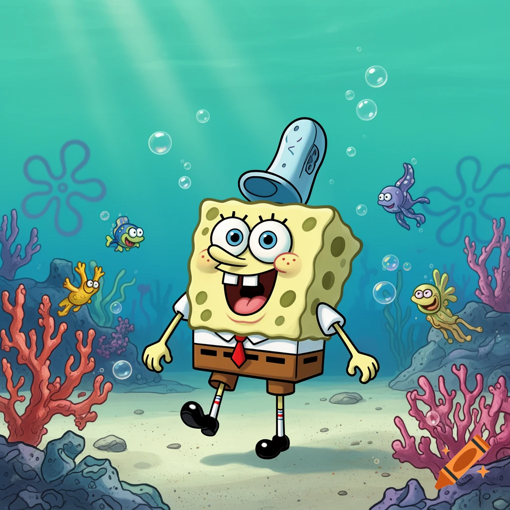 Cartoon Spongebob Squarepants in a bucket hat walks happily underwater with fish and coral.