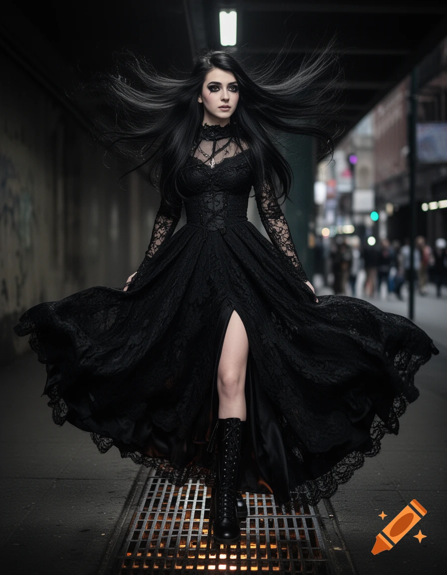 A person in a black gothic lace dress with a high slit and long flowing black hair stands on a subway grate in an urban underpass.