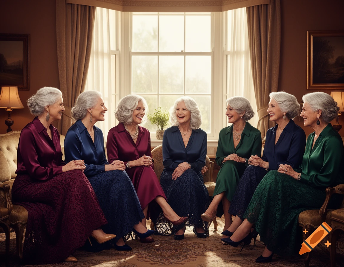 Six elegantly dressed elderly women with gray hair sitting in a formal living room, smiling and conversing. They wear satin blouses and long skirts in shades of burgundy, navy, and green.