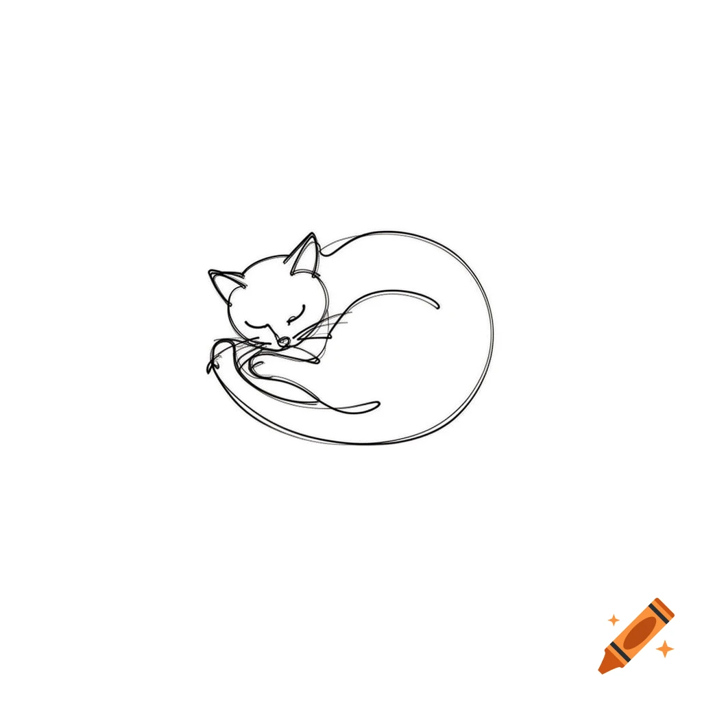 Minimalist black line art illustration of a curled sleeping cat on a white background.