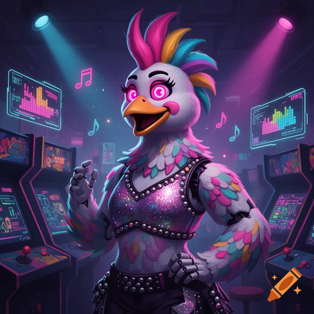 A vibrant, robotic chicken with pink and blue feathers, Glamrock Chica, stands in a neon-lit arcade.