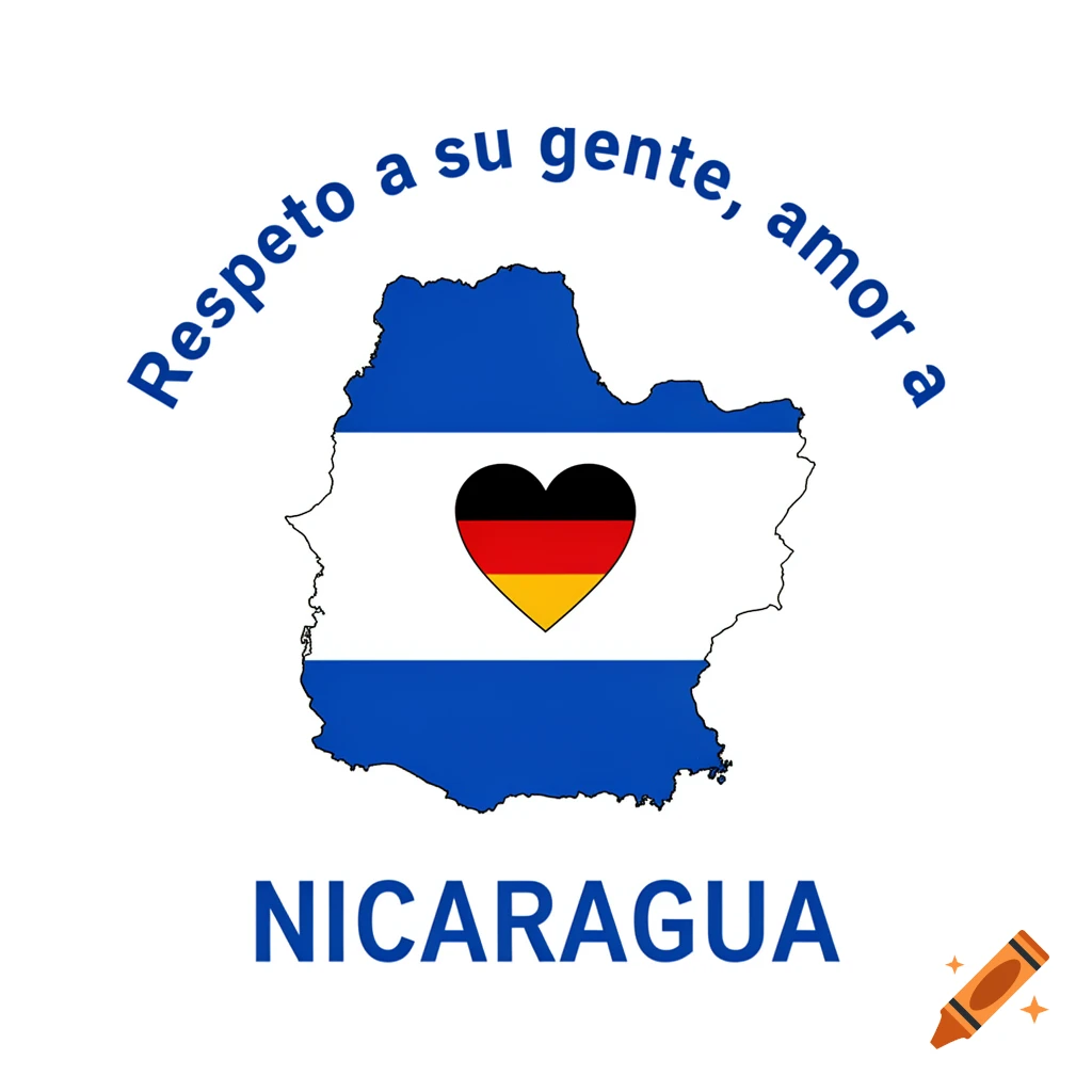 Vector map of Nicaragua filled with its flag colors, a German flag heart, and Spanish text 'Respeto a su gente, amor a NICARAGUA'.