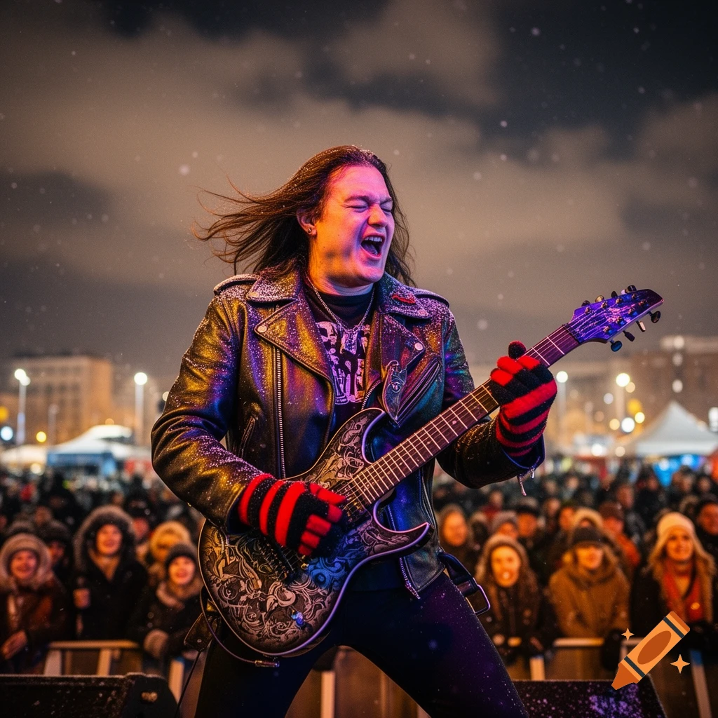 A passionate rock guitarist in a leather jacket and striped gloves plays an electric guitar on stage at a snowy outdoor night concert.