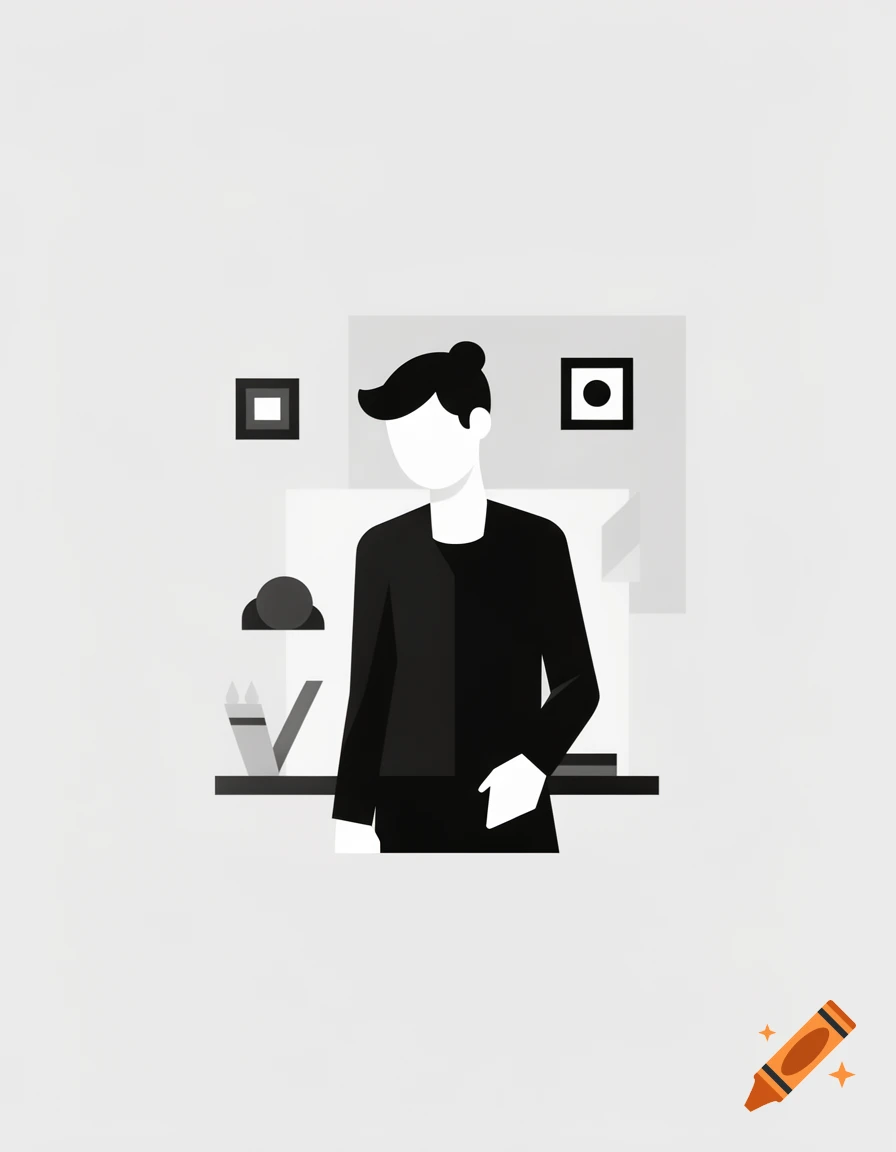 Black and white minimalist vector illustration of a person with a bun hairstyle, surrounded by abstract shapes.