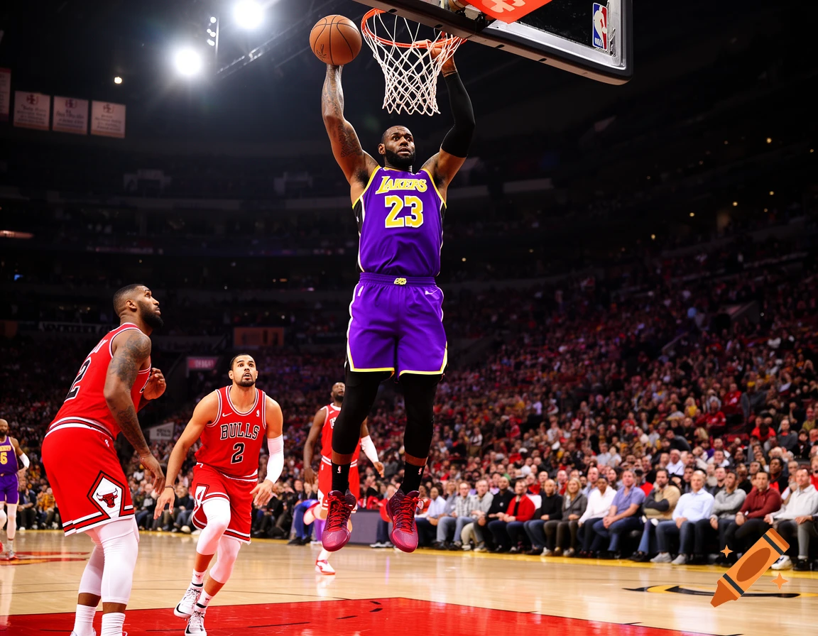 LeBron James in a purple Lakers jersey dunks a basketball during an NBA game against the Chicago Bulls.