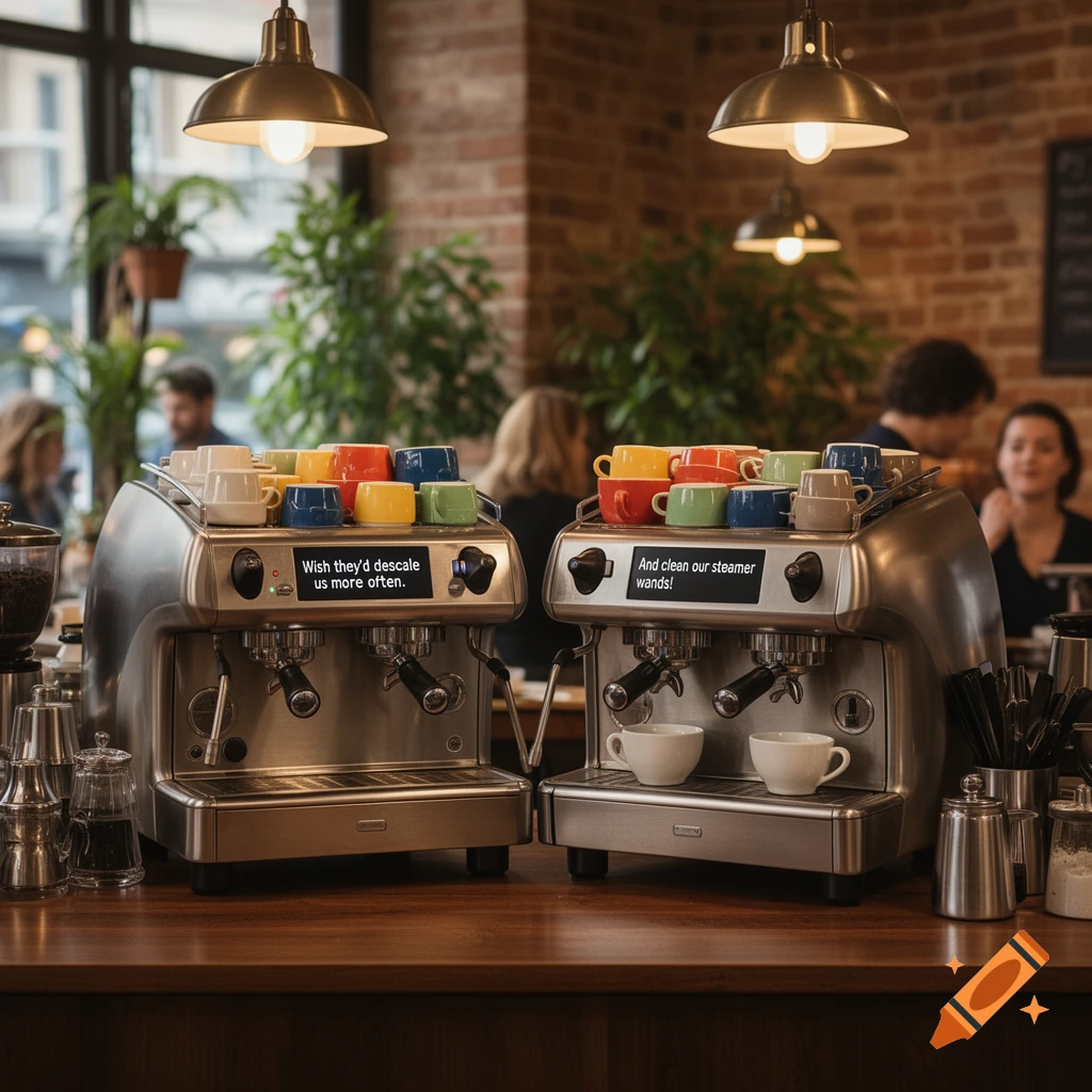 Two photorealistic espresso machines on a wooden counter in a cafe, each displaying text complaining about their maintenance.