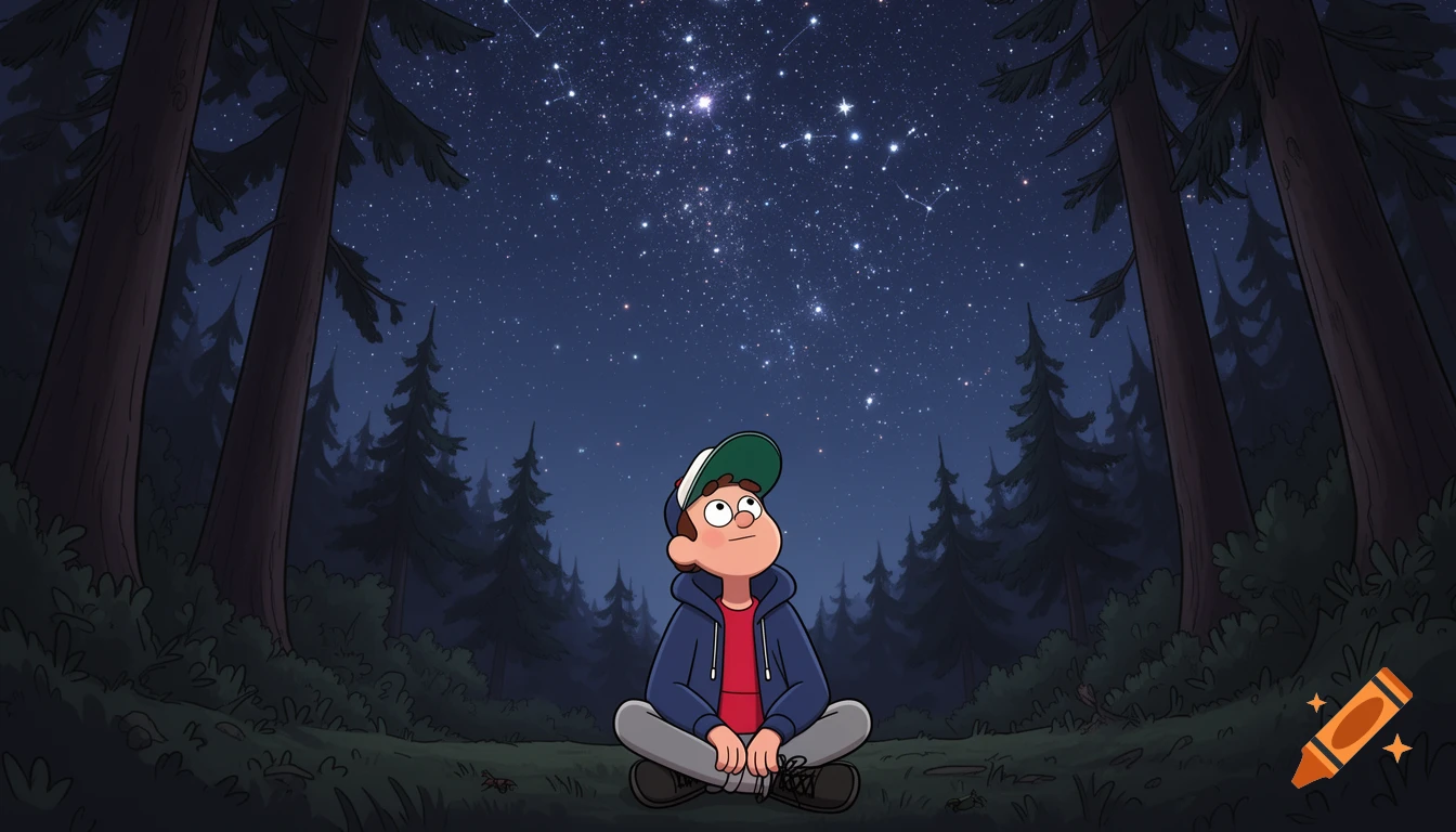 Animated Dipper Pines from Gravity Falls sits in a dark forest at night, looking up at the clear, starry sky.