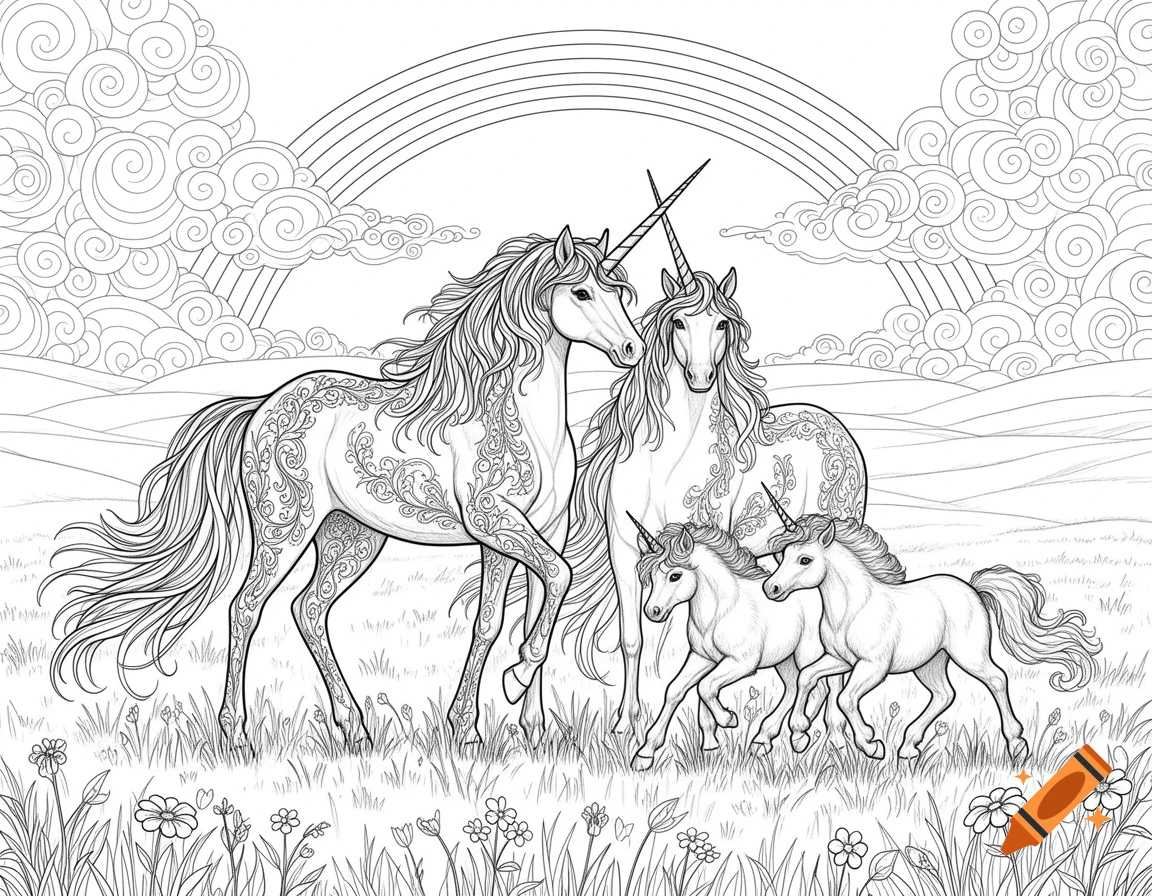 Black and white coloring book drawing of two adult unicorns and two baby unicorns in a field with flowers and a rainbow.