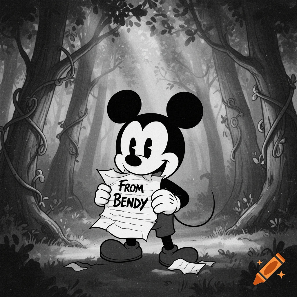 Mickey Mouse in a vintage black and white cartoon style stands in a forest, holding a note that reads 'FROM BENDY'.