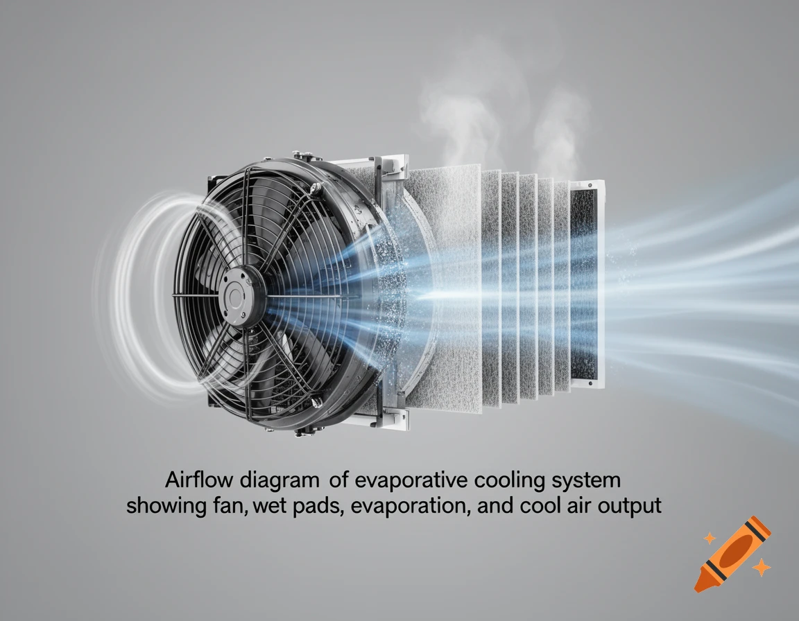 Airflow diagram of an evaporative cooling system with a fan, wet pads, evaporation, and cool air output.