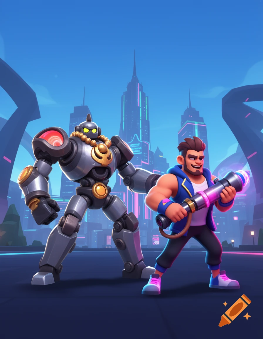 A cartoon robot and a man in a blue jacket holding a glowing weapon stand in a futuristic city at dusk.