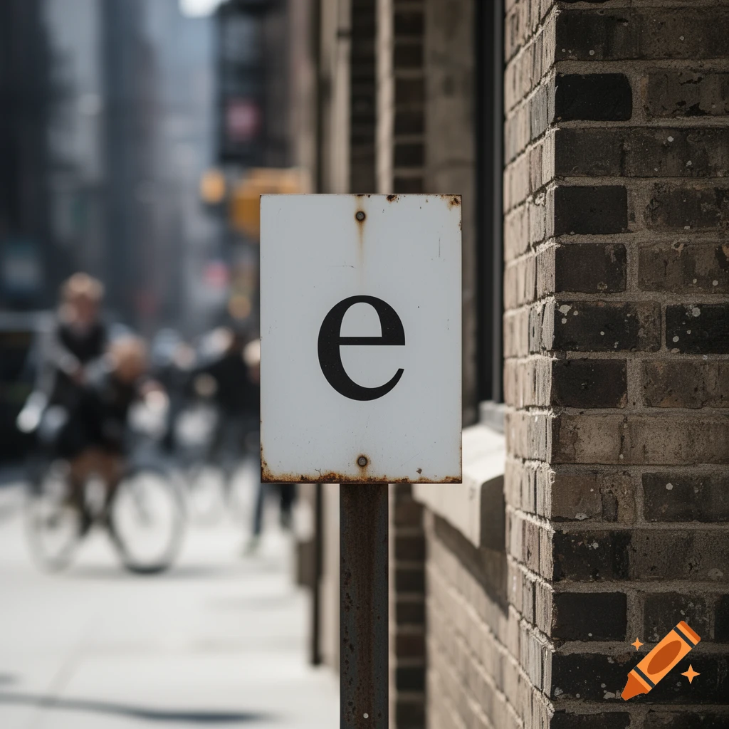 A white sign with a black lowercase 'e' on a rusty pole stands on a city street next to a brick building, with blurred people and bicycles in the background.