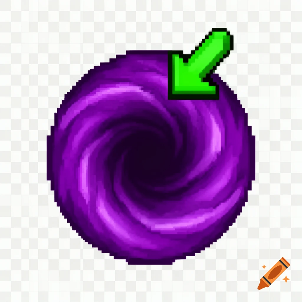 Pixel art icon of a purple swirling portal with a bright green arrow pointing right, on a transparent background.