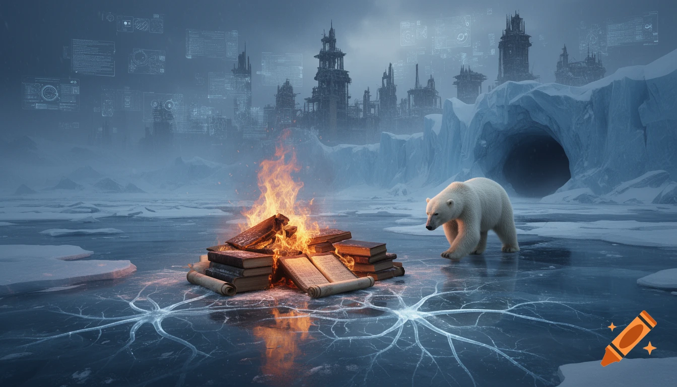 A surreal arctic landscape with a polar bear walking near a pile of burning books on cracked ice, under a sky with floating data screens and distant decaying futuristic structures.
