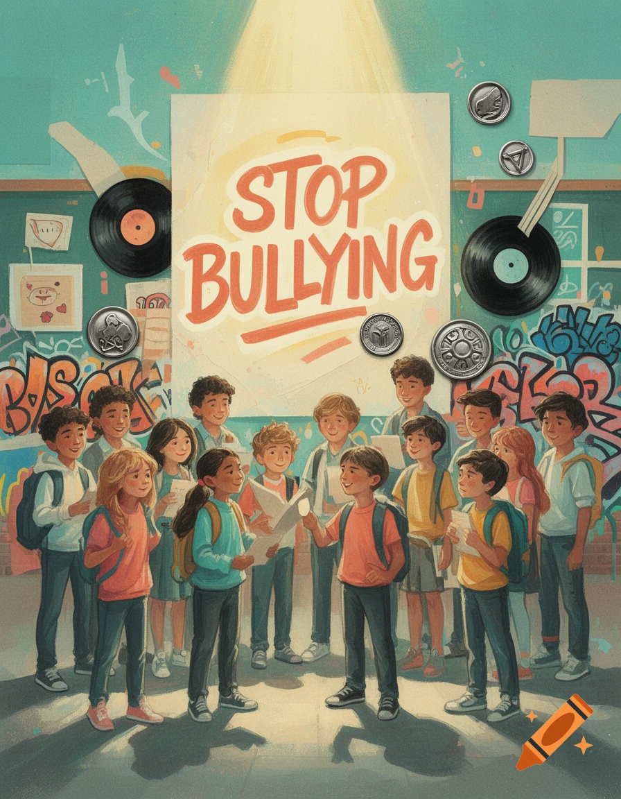 A group of diverse children stand together in a classroom, looking at a prominent 'STOP BULLYING' sign under a spotlight, in an illustrative style.