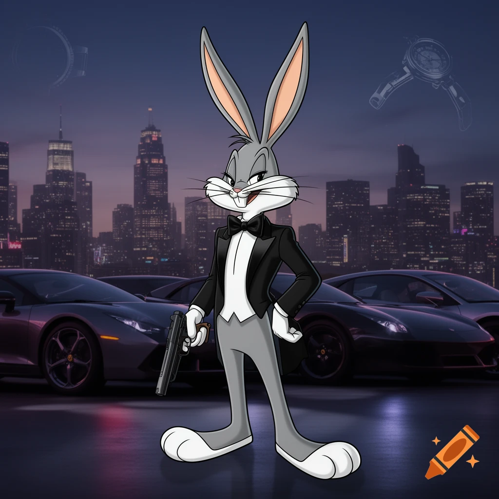 Bugs Bunny in a tuxedo holding a pistol, standing in front of luxury cars with a futuristic cityscape at night.