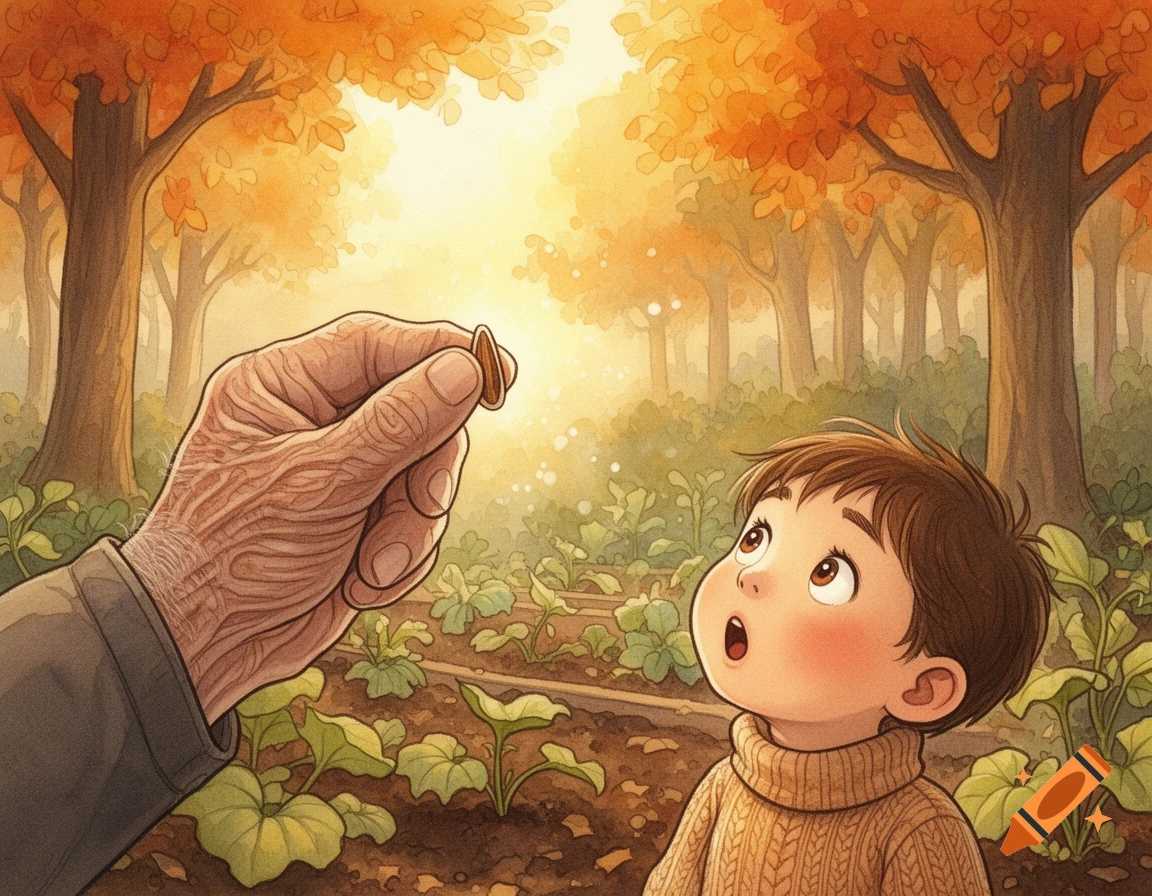 Watercolor illustration: A weathered hand holds a pumpkin seed up to golden light, with a child watching in wonder in an autumn garden.