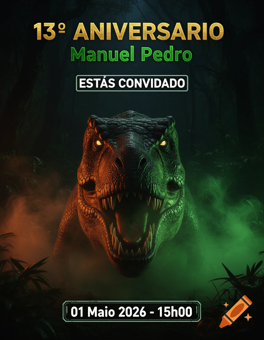 Dramatic birthday invitation poster with a menacing T-Rex head in a misty jungle, glowing eyes, and event details.