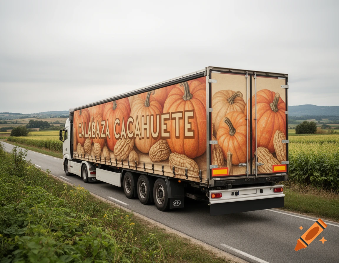 A photorealistic image of a truck trailer driving on a rural road, featuring a large mural of pumpkins and peanuts on its side.