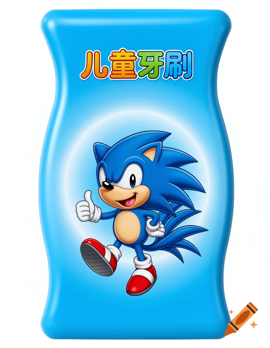 Bright blue children's toothbrush package with Sonic the Hedgehog smiling and giving a thumbs-up, featuring Chinese text, in a glossy cartoon style.