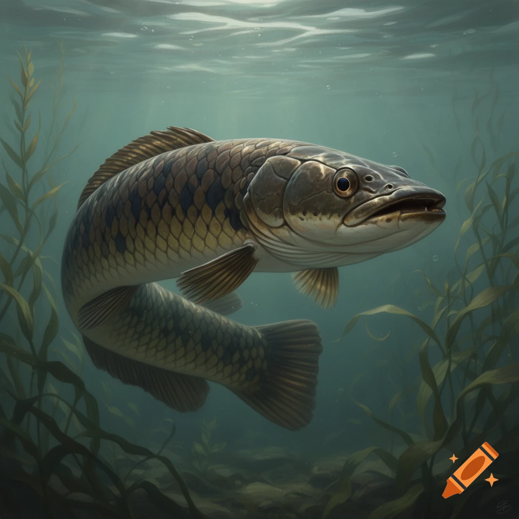 A detailed drawing of a northern snakehead fish swimming among green aquatic plants in clear underwater.