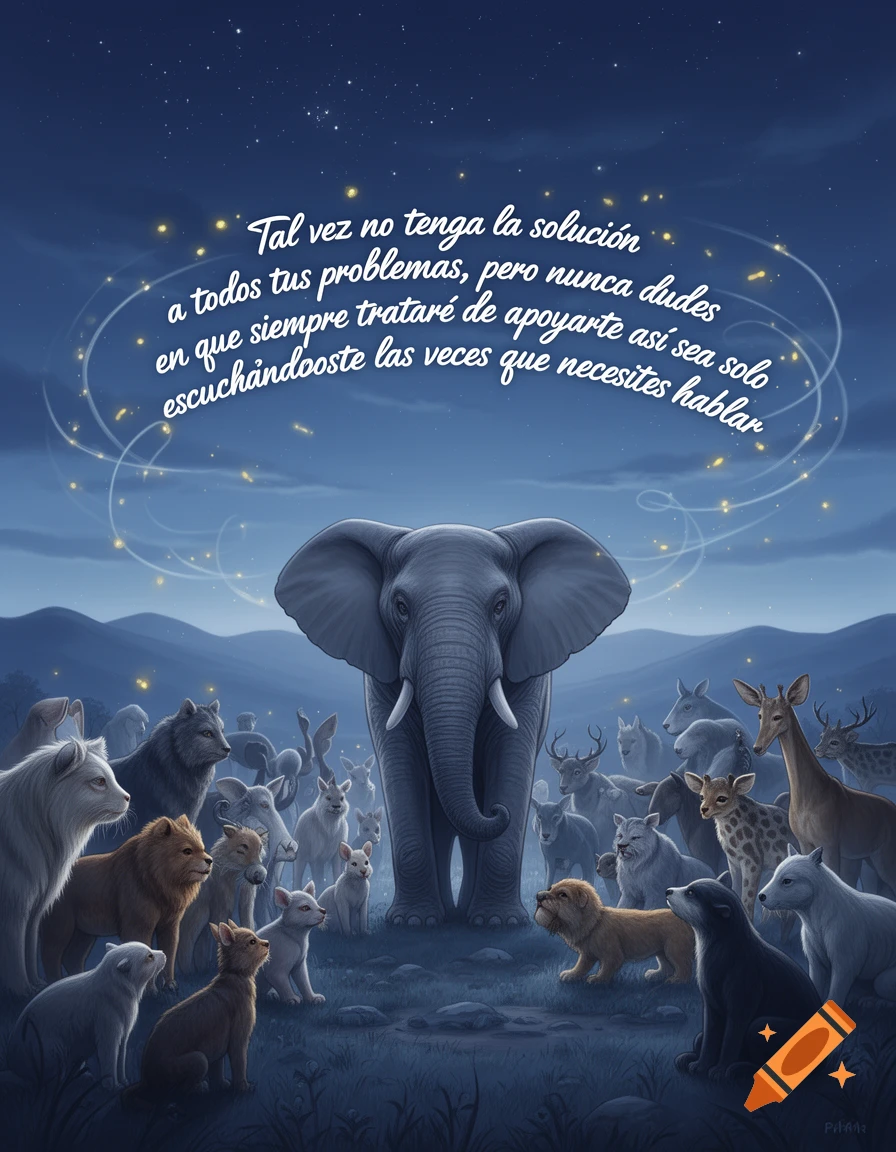 An elephant and various animals gather under a starry night sky with inspirational Spanish text, in an illustrative style.