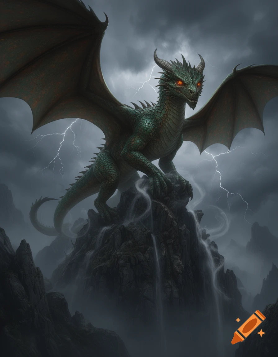 A majestic green dragon with glowing red eyes perches on a jagged mountain peak amidst lightning and stormy clouds. Photorealistic fantasy art.