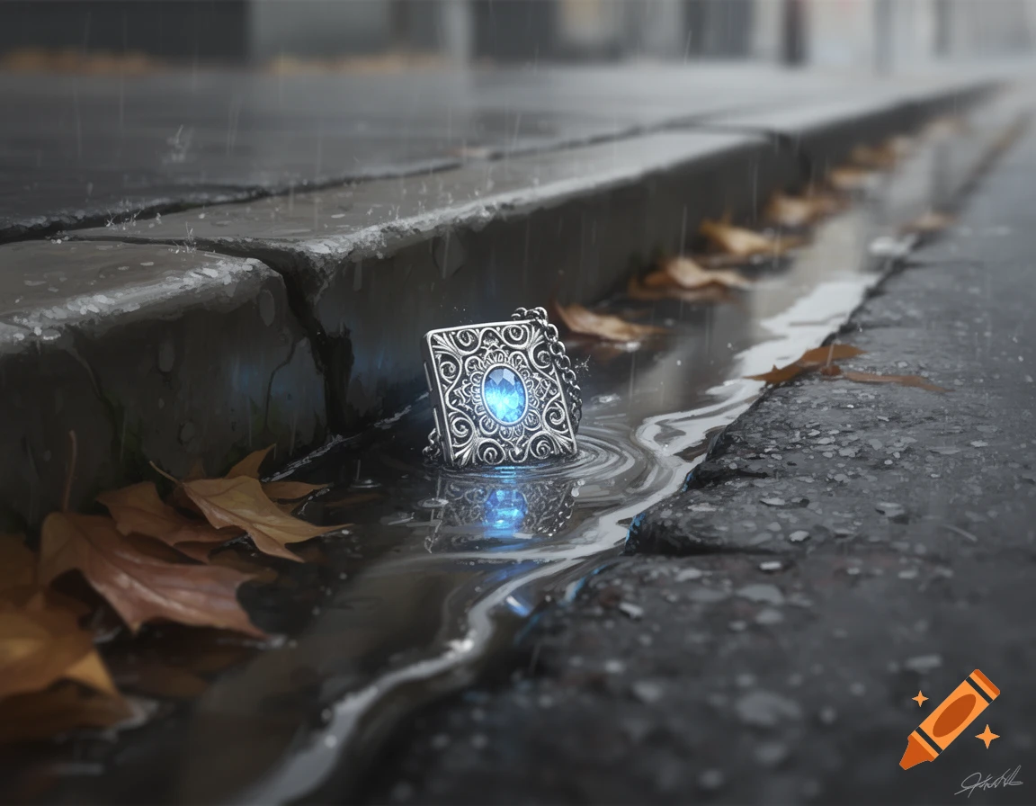 A sparkling silver amulet with a glowing blue gem lies in a rainy street gutter among wet leaves.